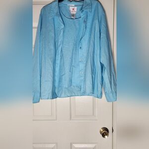 Quacker Factory XL 2 Pc Blue LINEN/Cotton L/Slv Women Shirt & Tank W Rhinestones